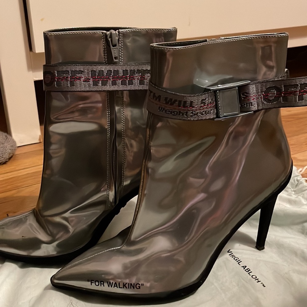 Off-White - Silver Patent “For Walking” Ankle Boot